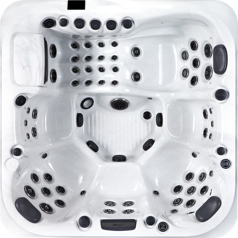 Top view of the Platinum Spas Florence Luxury Hot Tub with 67 massage jets of different sizes, ergonomic lounger and versatile seating - stylish spa comfort for up to 6 people. Persons.
